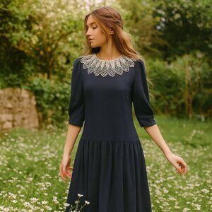 Vintage 80s KAthy J Cottage Core CoastalNavy Blue Drop Waist Dress M